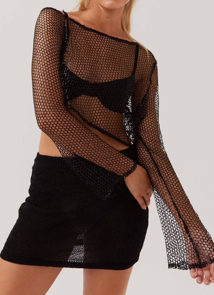 Zali Sequin One Shoulder Net Top - Black