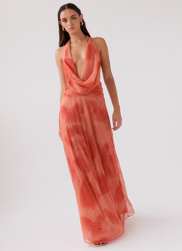 Womens Elysia Chiffon Maxi Dress in the colour Fiery Fusion in front of a light grey background