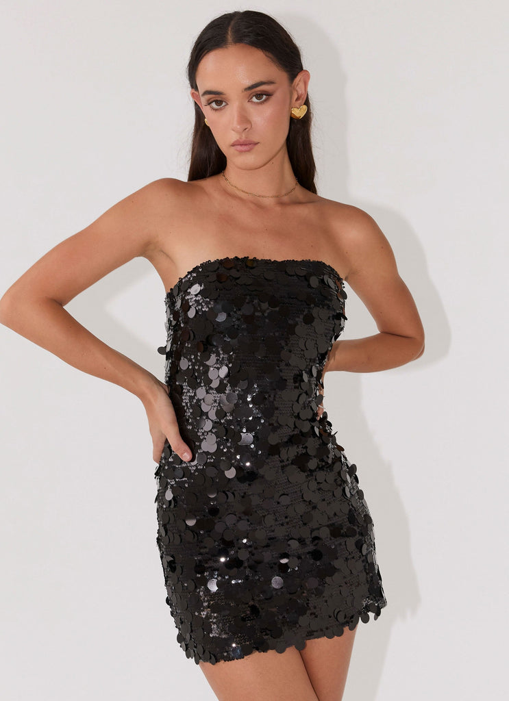 Womens Midnight Magic Sequin Mini Dress in the colour Black in front of a light grey background