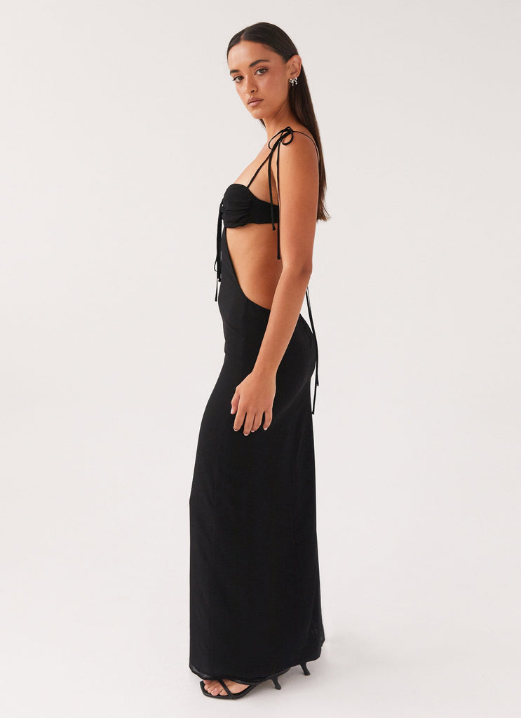 Womens Tyra Ruched Maxi Dress in the colour Black in front of a light grey background