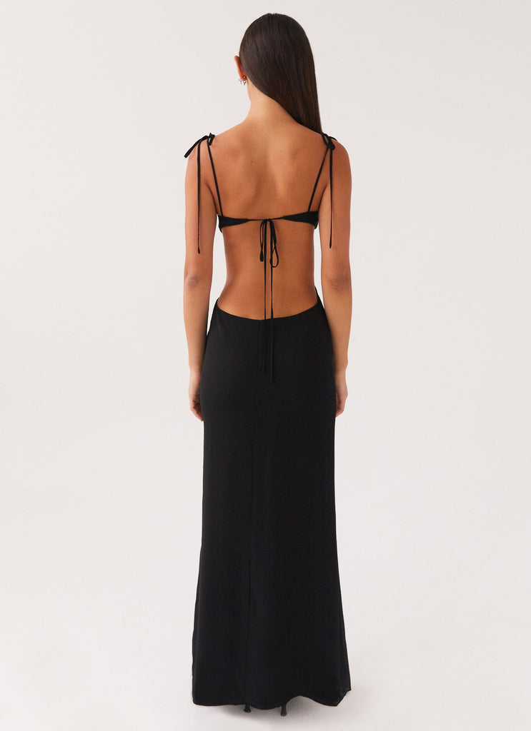 Womens Tyra Ruched Maxi Dress in the colour Black in front of a light grey background