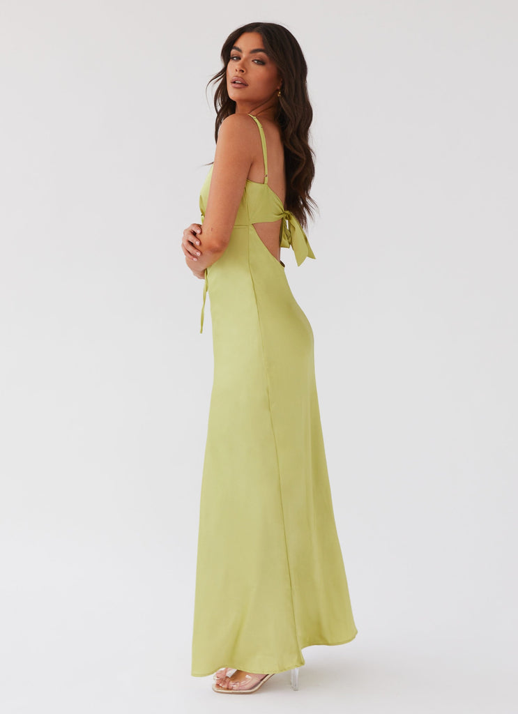 Womens Flora Satin Maxi Dress in the colour Green Expectations in front of a light grey background