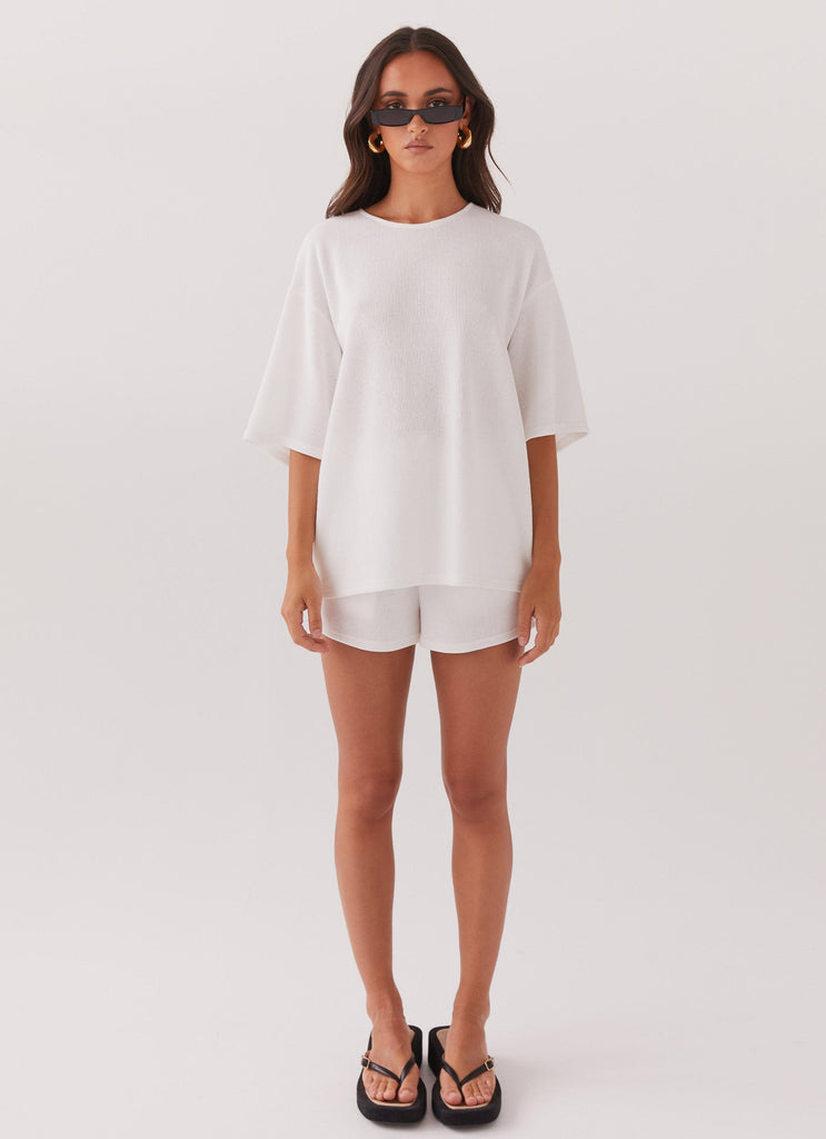 Womens Ocean Waves Oversized Knit Tee in the colour White in front of a light grey background