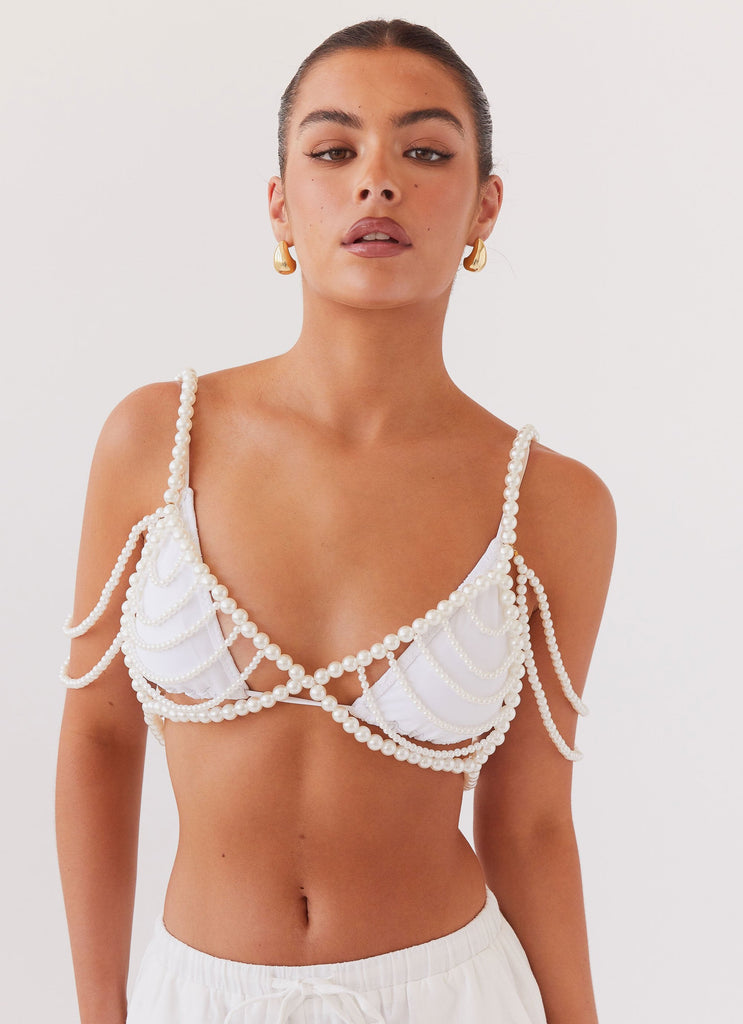 Womens Serenade Pearl Beaded Bralet Top in the colour Pearl in front of a light grey background