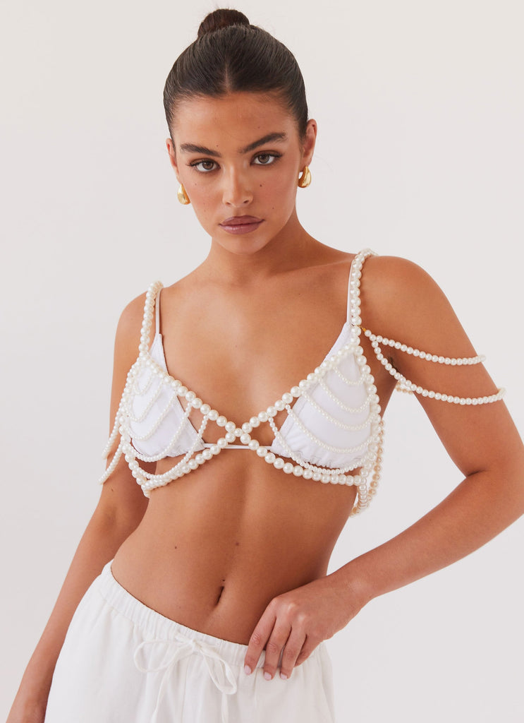 Womens Serenade Pearl Beaded Bralet Top in the colour Pearl in front of a light grey background