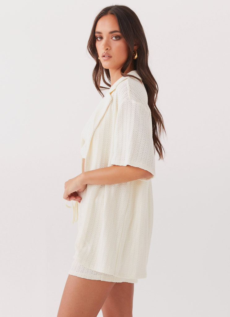 Womens By The Bay Oversized Knit Shirt in the colour Ivory in front of a light grey background