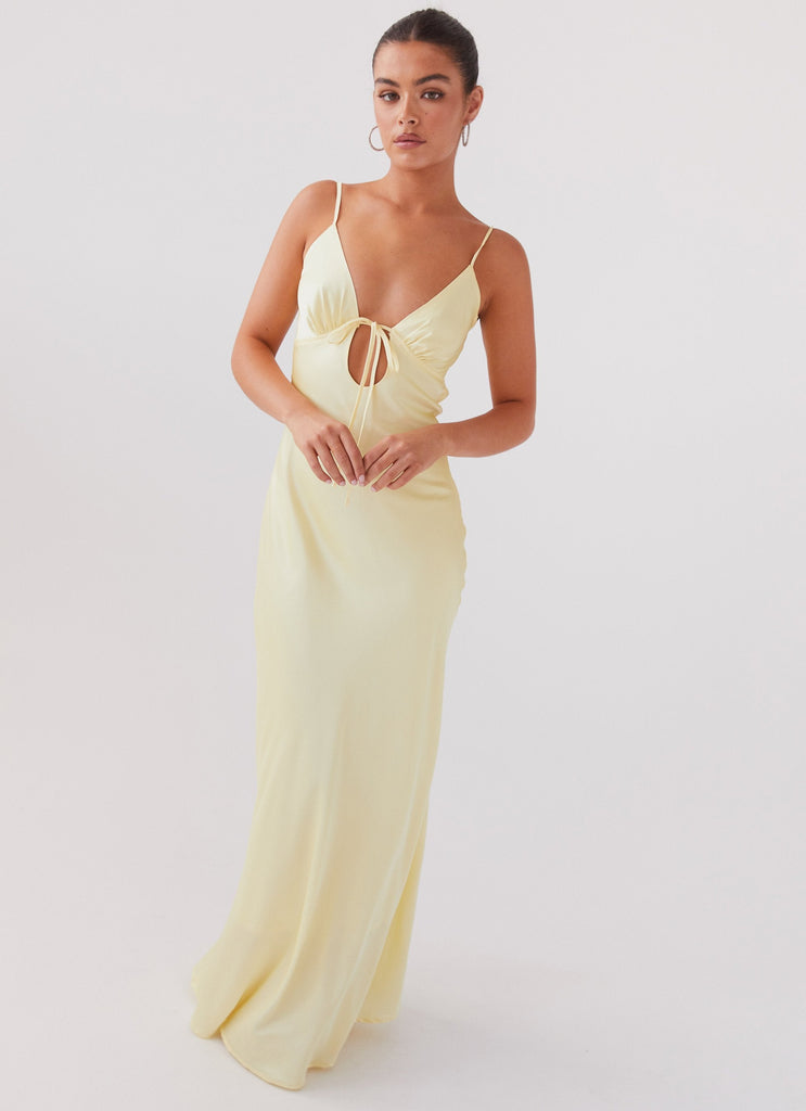 Womens Flora Satin Maxi Dress in the colour Lemon in front of a light grey background