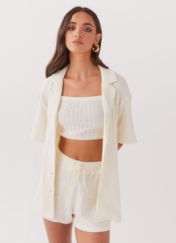 Womens By The Bay Oversized Knit Shirt in the colour Ivory in front of a light grey background