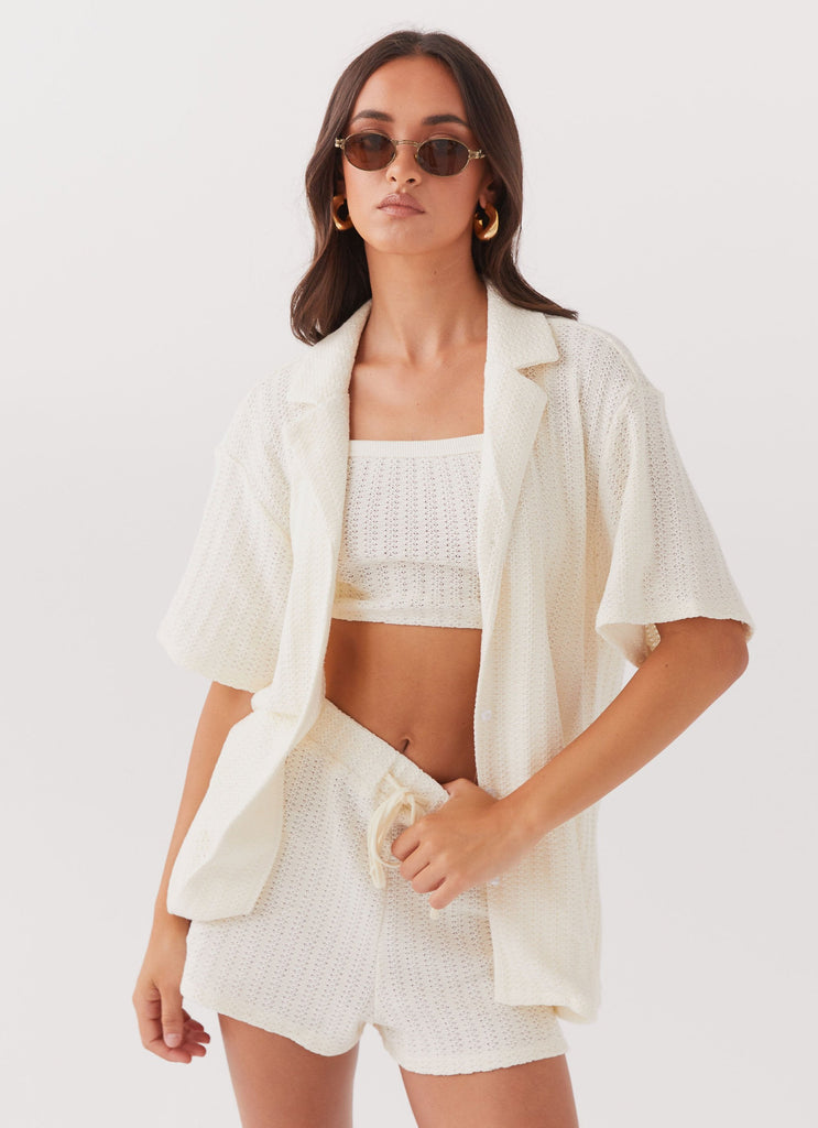 Womens By The Bay Oversized Knit Shirt in the colour Ivory in front of a light grey background