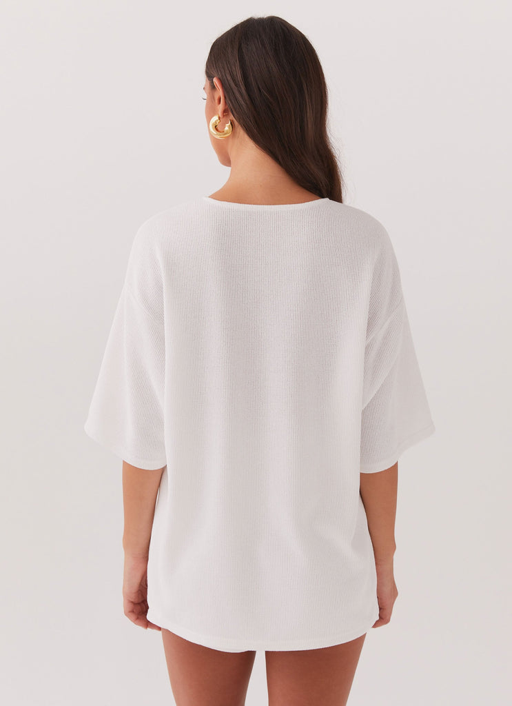 Womens Ocean Waves Oversized Knit Tee in the colour White in front of a light grey background