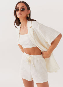 Womens By The Bay Oversized Knit Shorts in the colour Ivory in front of a light grey background