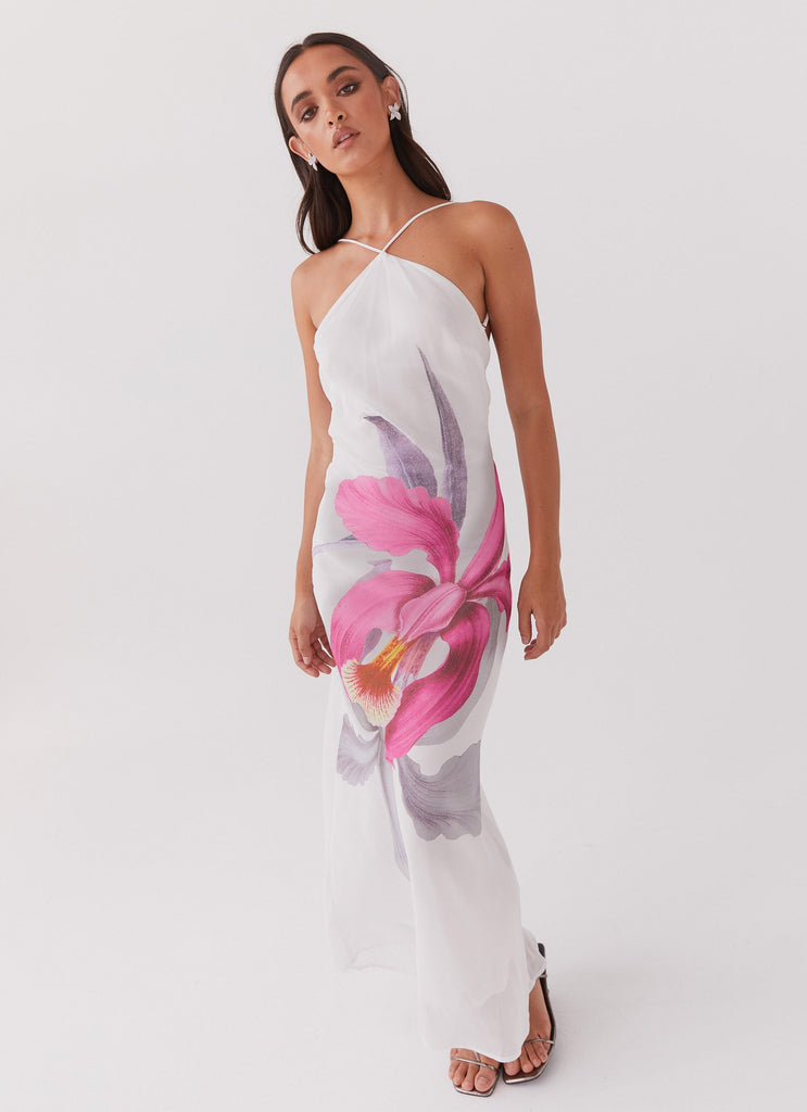 Womens Blossom Hearts Maxi Dress in the colour Tulip Floral in front of a light grey background