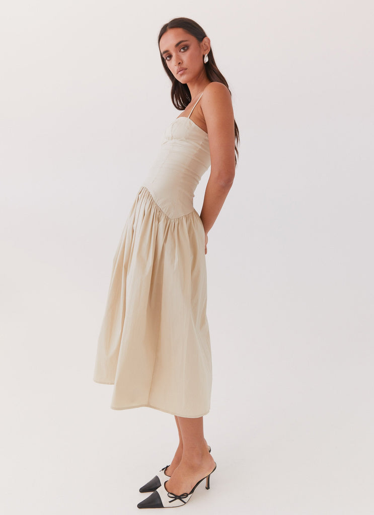 Womens Yvette Corset Midi Dress in the colour Desert Sage in front of a light grey background