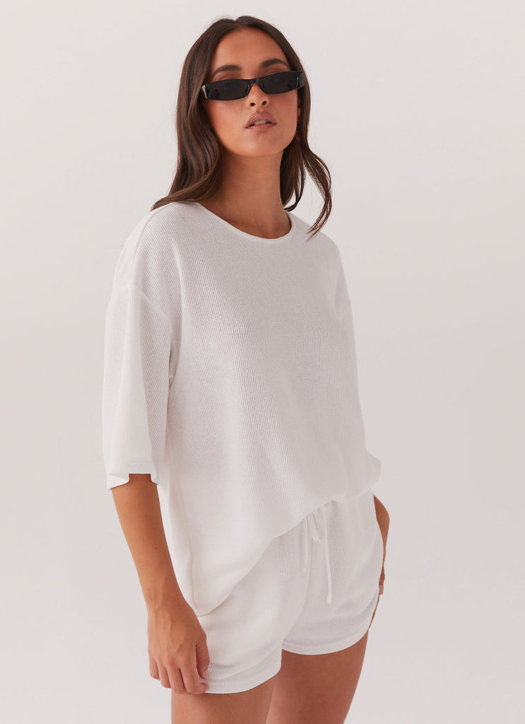 Womens Ocean Waves Oversized Knit Tee in the colour White in front of a light grey background