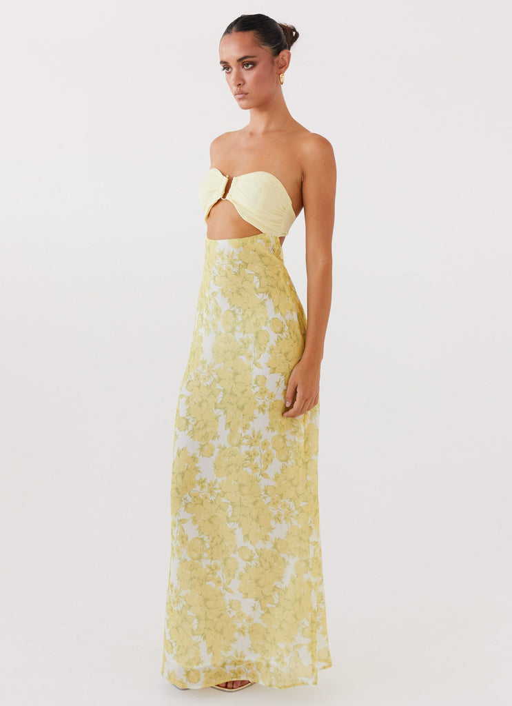 Womens Tropicana Maxi Dress in the colour Daffodil in front of a light grey background