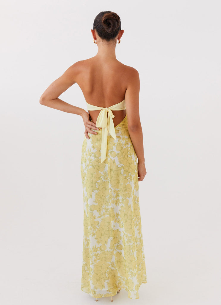 Womens Tropicana Maxi Dress in the colour Daffodil in front of a light grey background