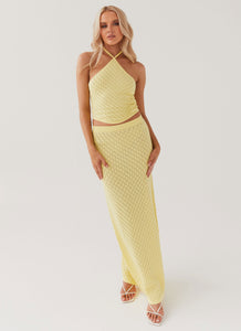 Womens Amanza Knit Maxi Skirt in the colour Lemon in front of a light grey background