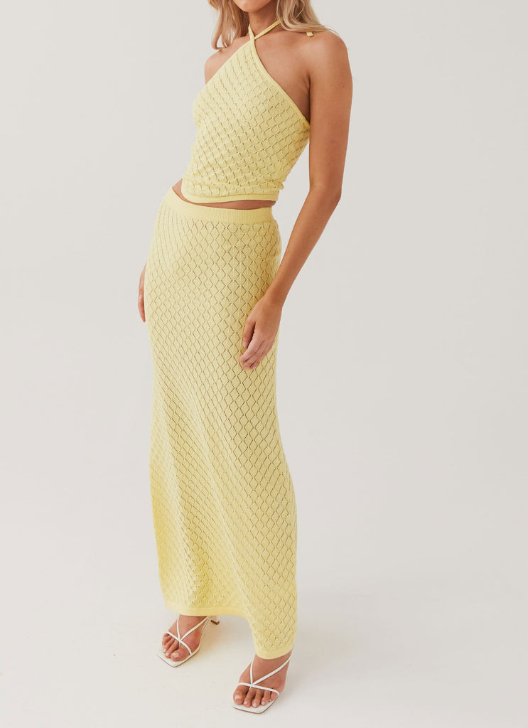 Womens Amanza Knit Maxi Skirt in the colour Lemon in front of a light grey background