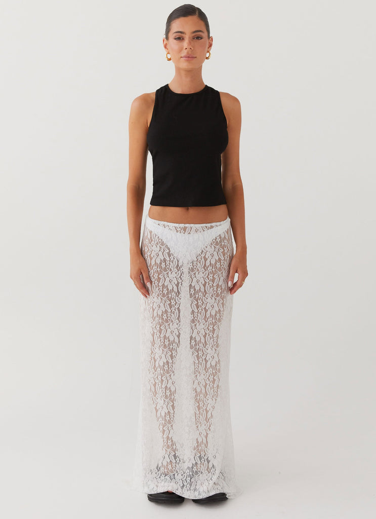 Womens Sugar Sweet Lace Maxi Skirt in the colour White in front of a light grey background