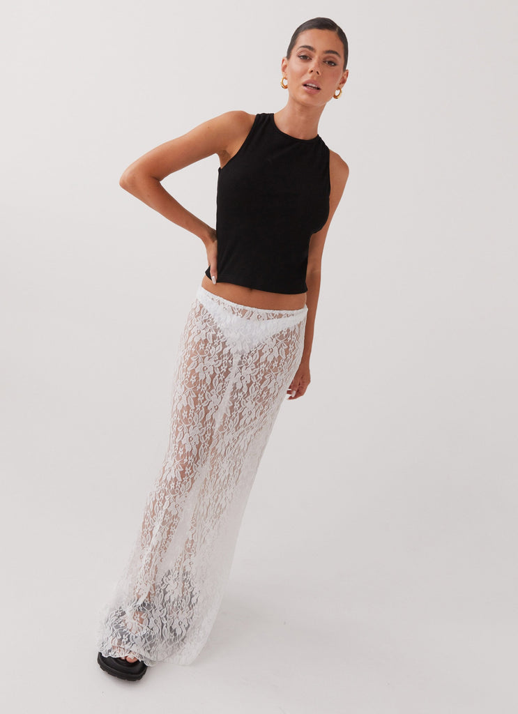 Womens Sugar Sweet Lace Maxi Skirt in the colour White in front of a light grey background