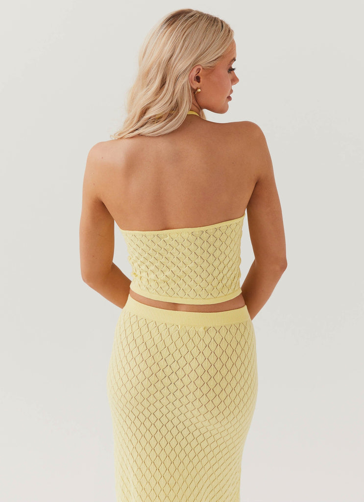 Womens Amanza Knit Top in the colour Lemon in front of a light grey background