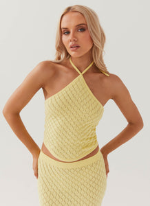 Womens Amanza Knit Top in the colour Lemon in front of a light grey background