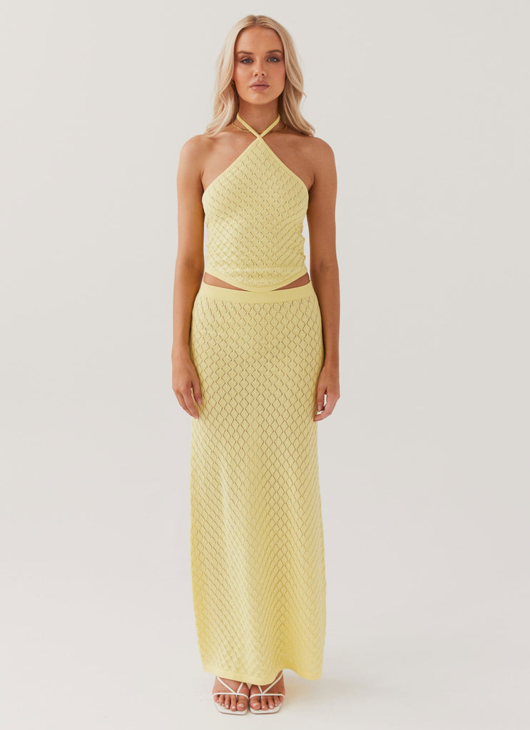 Womens Amanza Knit Maxi Skirt in the colour Lemon in front of a light grey background