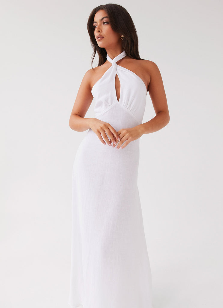 Womens Adrienne Linen Maxi Dress in the colour White in front of a light grey background