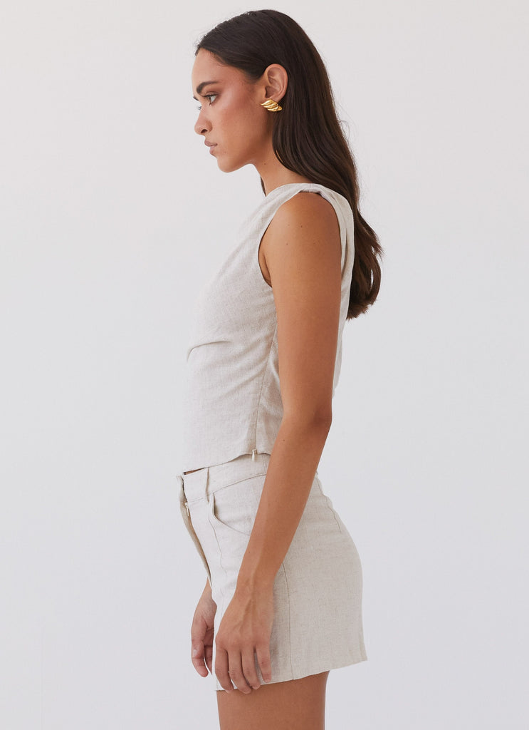 Womens Marissa Linen One Shoulder Top in the colour Oatmeal in front of a light grey background