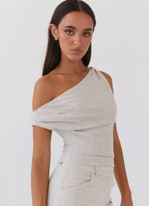 Womens Marissa Linen One Shoulder Top in the colour Oatmeal in front of a light grey background