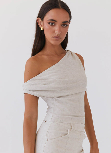DEUXIEME CLASSE - なおなお【GOOD GRIEF!】Border Overdye Tops Marissa Linen One Shoulder Top - Oatmeal – Peppermayo Europe