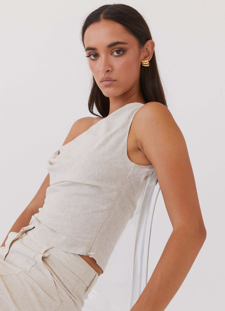 Womens Marissa Linen One Shoulder Top in the colour Oatmeal in front of a light grey background