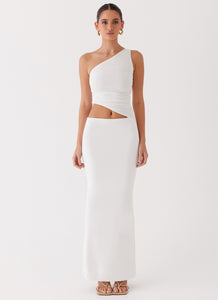 Womens Seranella One Shoulder Maxi Dress in the colour White in front of a light grey background