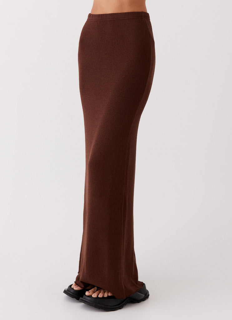 Womens Delicate Lady Knit Maxi Skirt in the colour Chocolate in front of a light grey background