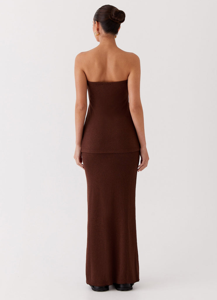 Womens Delicate Lady Knit Maxi Skirt in the colour Chocolate in front of a light grey background