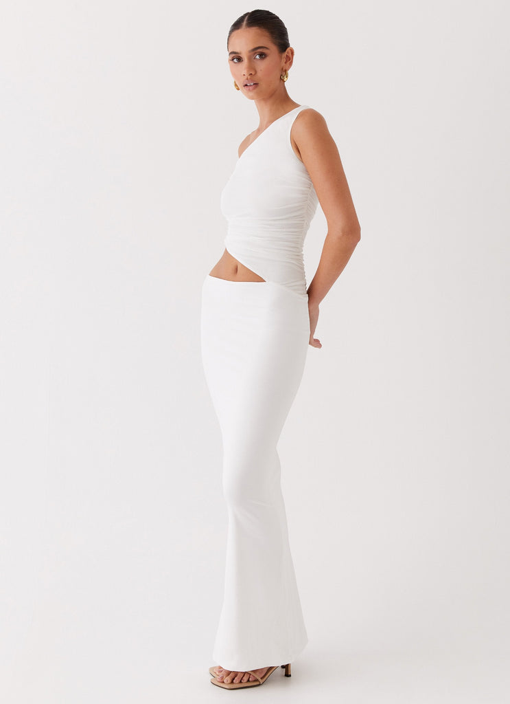 Womens Seranella One Shoulder Maxi Dress in the colour White in front of a light grey background