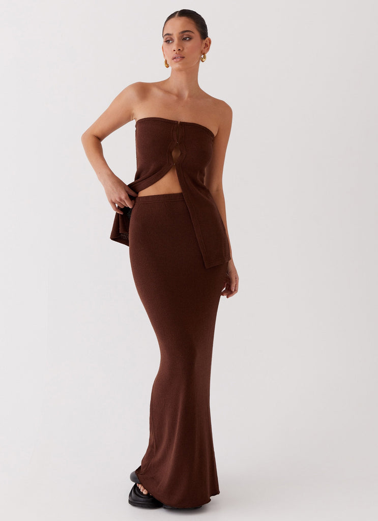 Womens Delicate Lady Knit Maxi Skirt in the colour Chocolate in front of a light grey background