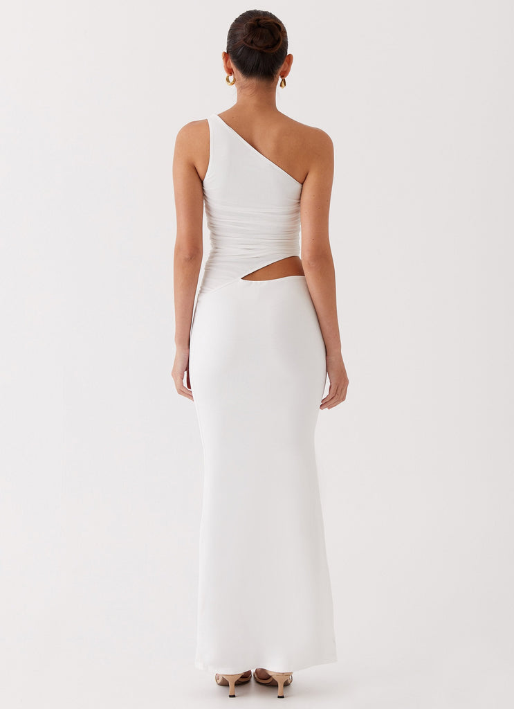 Womens Seranella One Shoulder Maxi Dress in the colour White in front of a light grey background