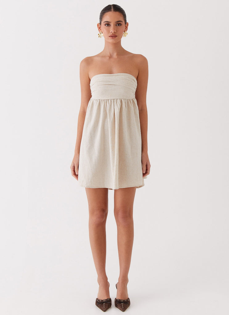 Womens Night Changes Linen Mini Dress in the colour Oatmeal in front of a light grey background