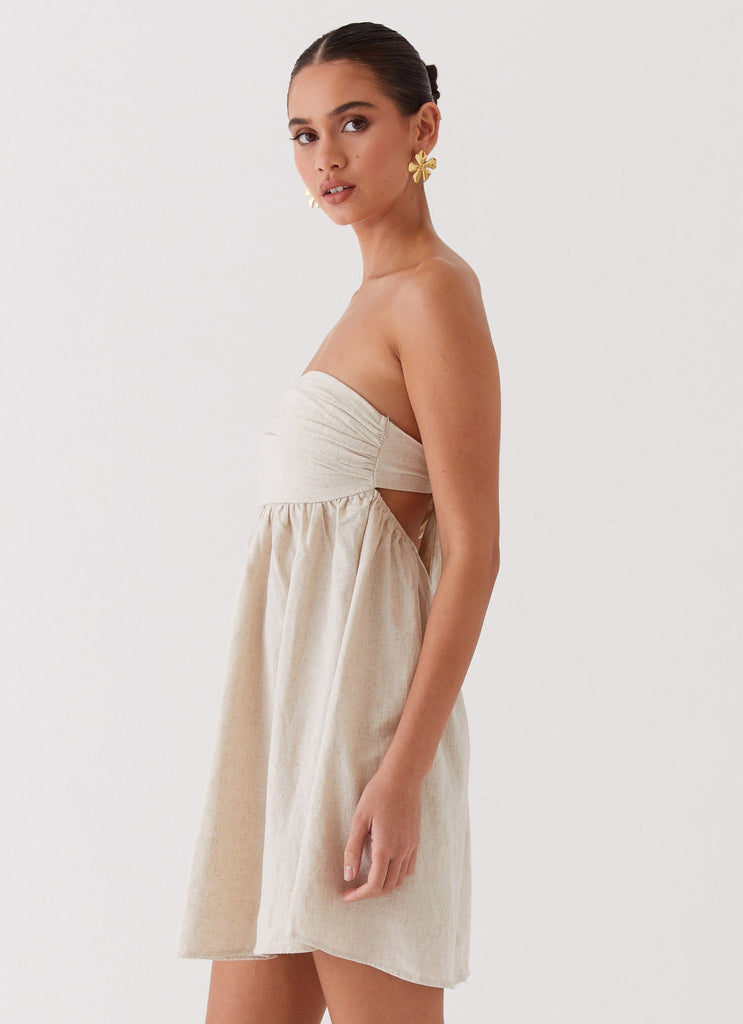 Womens Night Changes Linen Mini Dress in the colour Oatmeal in front of a light grey background