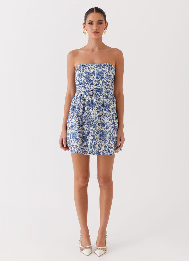 Womens Forget Me Not Linen Mini Dress in the colour Blue Paisley in front of a light grey background