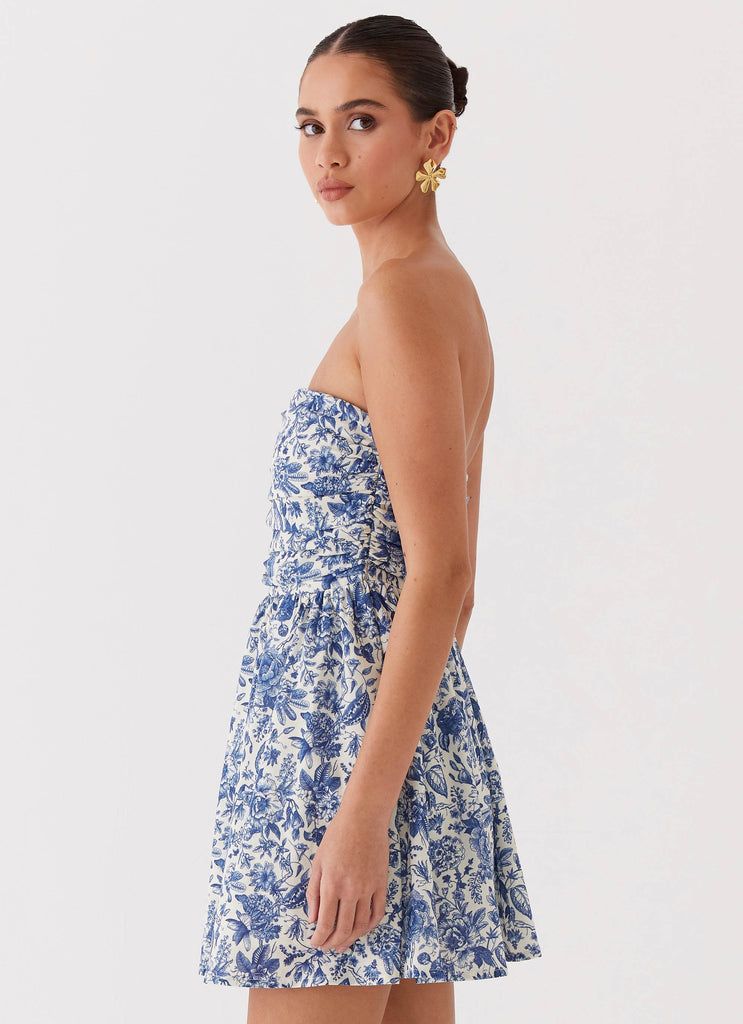 Womens Forget Me Not Linen Mini Dress in the colour Blue Paisley in front of a light grey background