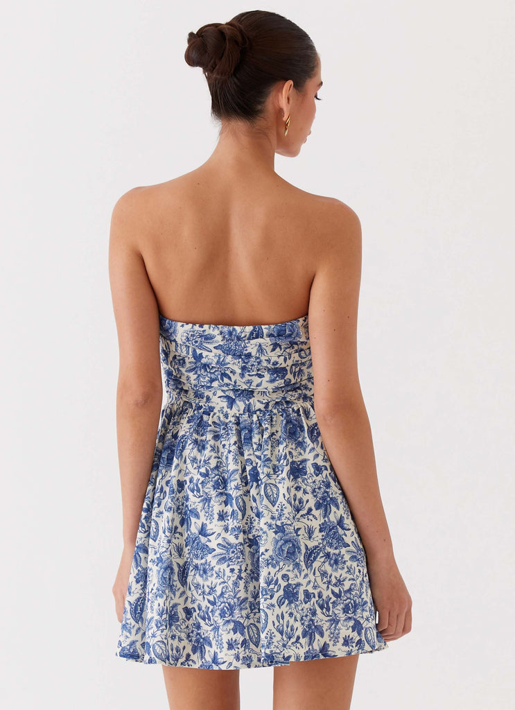 Womens Forget Me Not Linen Mini Dress in the colour Blue Paisley in front of a light grey background