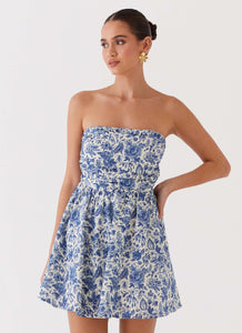 Womens Forget Me Not Linen Mini Dress in the colour Blue Paisley in front of a light grey background