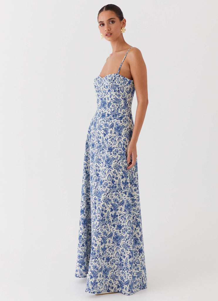 Womens Angelina Linen Maxi Dress in the colour Blue Paisley in front of a light grey background