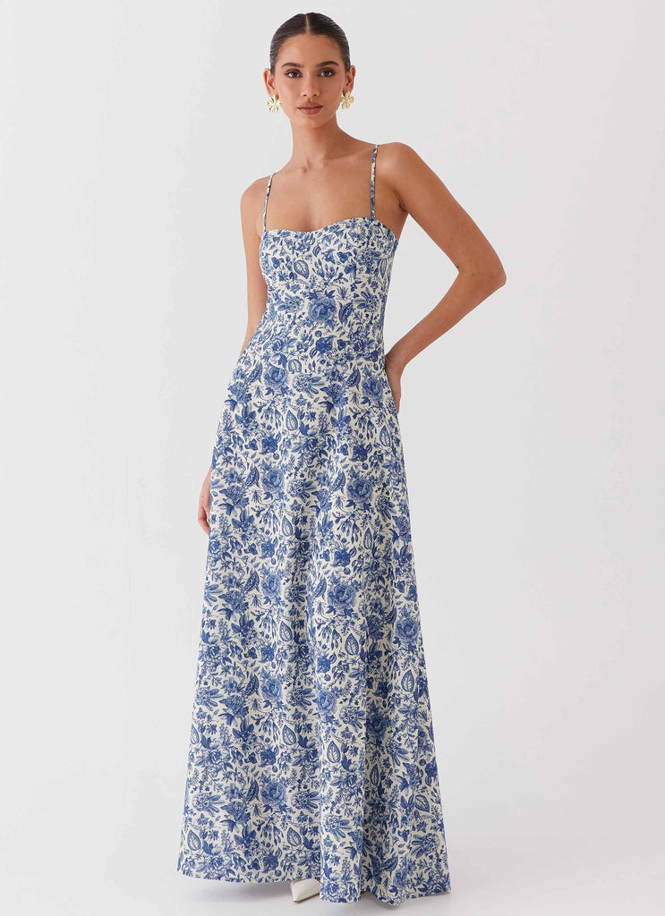 Womens Angelina Linen Maxi Dress in the colour Blue Paisley in front of a light grey background