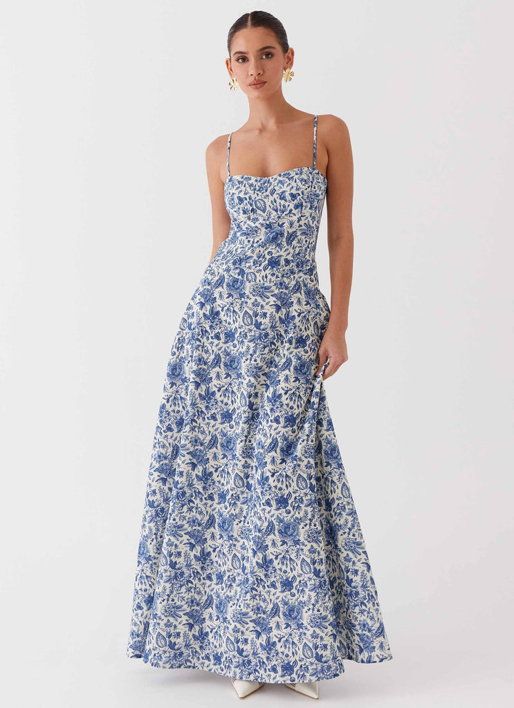 Womens Angelina Linen Maxi Dress in the colour Blue Paisley in front of a light grey background