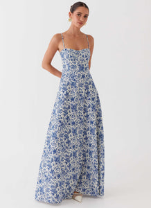 Womens Angelina Linen Maxi Dress in the colour Blue Paisley in front of a light grey background