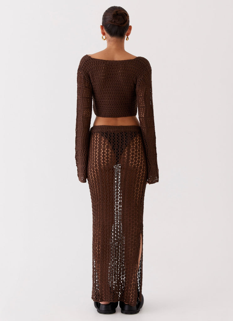 Womens Rosalina Crochet Long Sleeve Top in the colour Chocolate in front of a light grey background