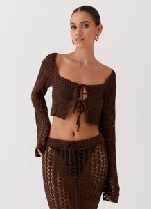 Womens Rosalina Crochet Long Sleeve Top in the colour Chocolate in front of a light grey background